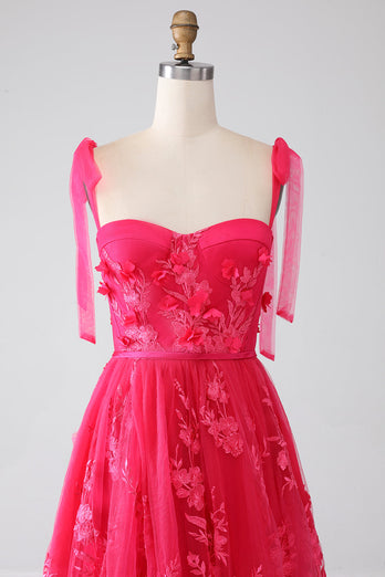 A-Line Spaghetti Straps Fuchsia Long Formal Dress with Slit