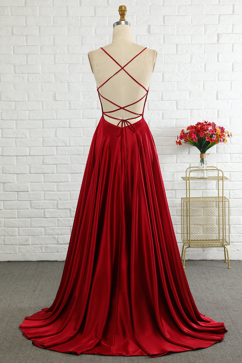 Load image into Gallery viewer, Simple A Line Spaghetti Straps Burgundy Long Formal Dress with Cirss Cross Back