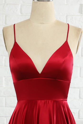 Simple A Line Spaghetti Straps Burgundy Long Formal Dress with Cirss Cross Back