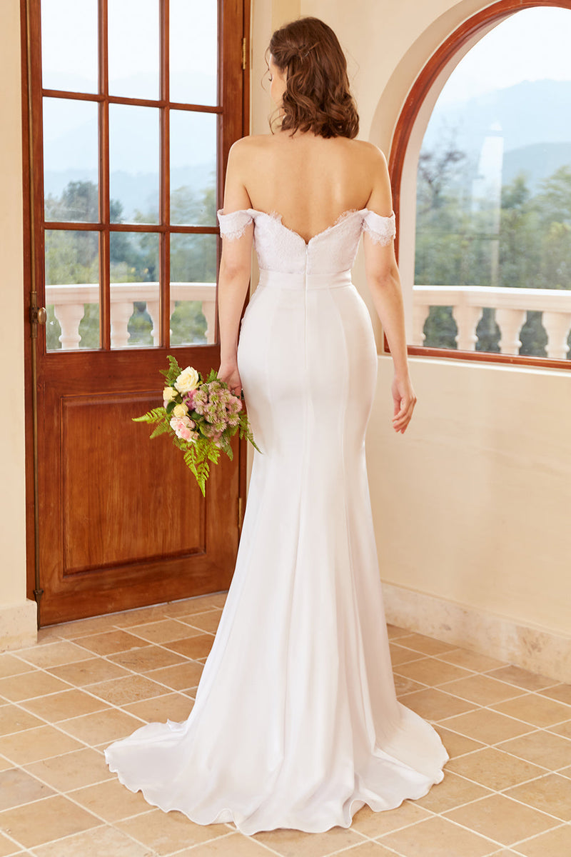 Load image into Gallery viewer, Mermaid Off the Shoulder White Wedding Dress with Lace