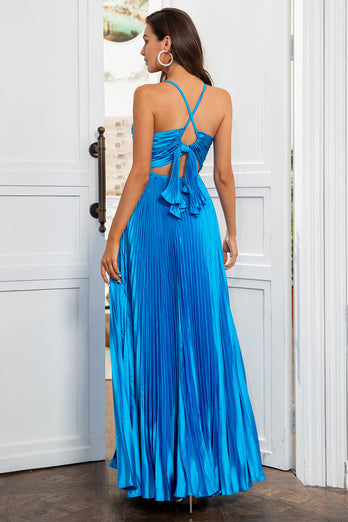 A Line Spaghetti Straps Lake Blue Long Formal Dress