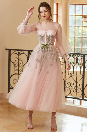 A Line Jewel Light Nude Tea Length Formal Dress with Long Sleeves