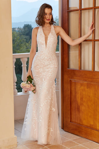 Mermaid Deep V Neck White Lace Wedding Dress with Appliques