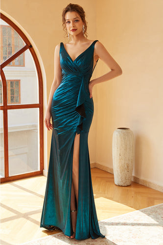 Peacock Blue Ruched Long Formal Dress