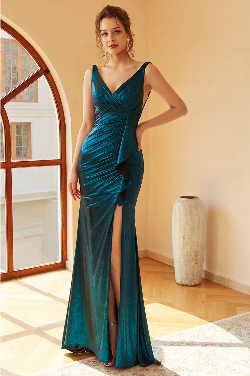 Load image into Gallery viewer, Peacock Blue Ruched Long Formal Dress