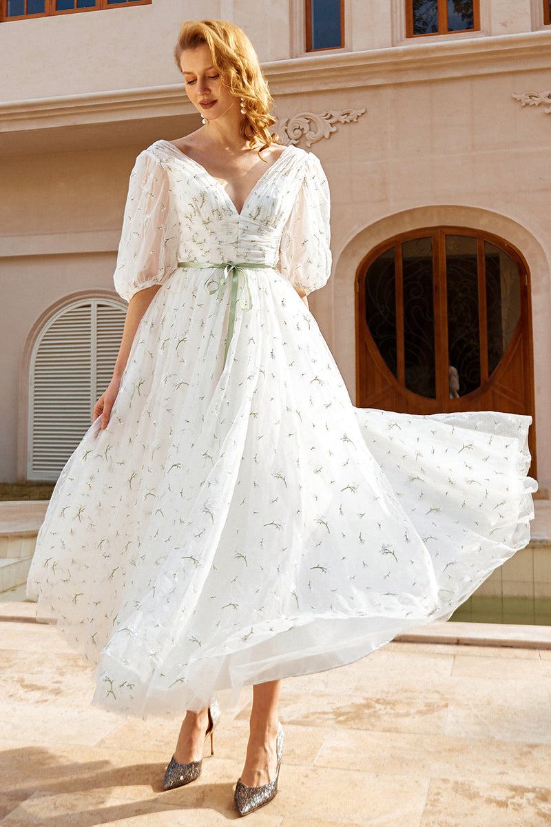 Load image into Gallery viewer, Print Tulle Midi Wedding Dress