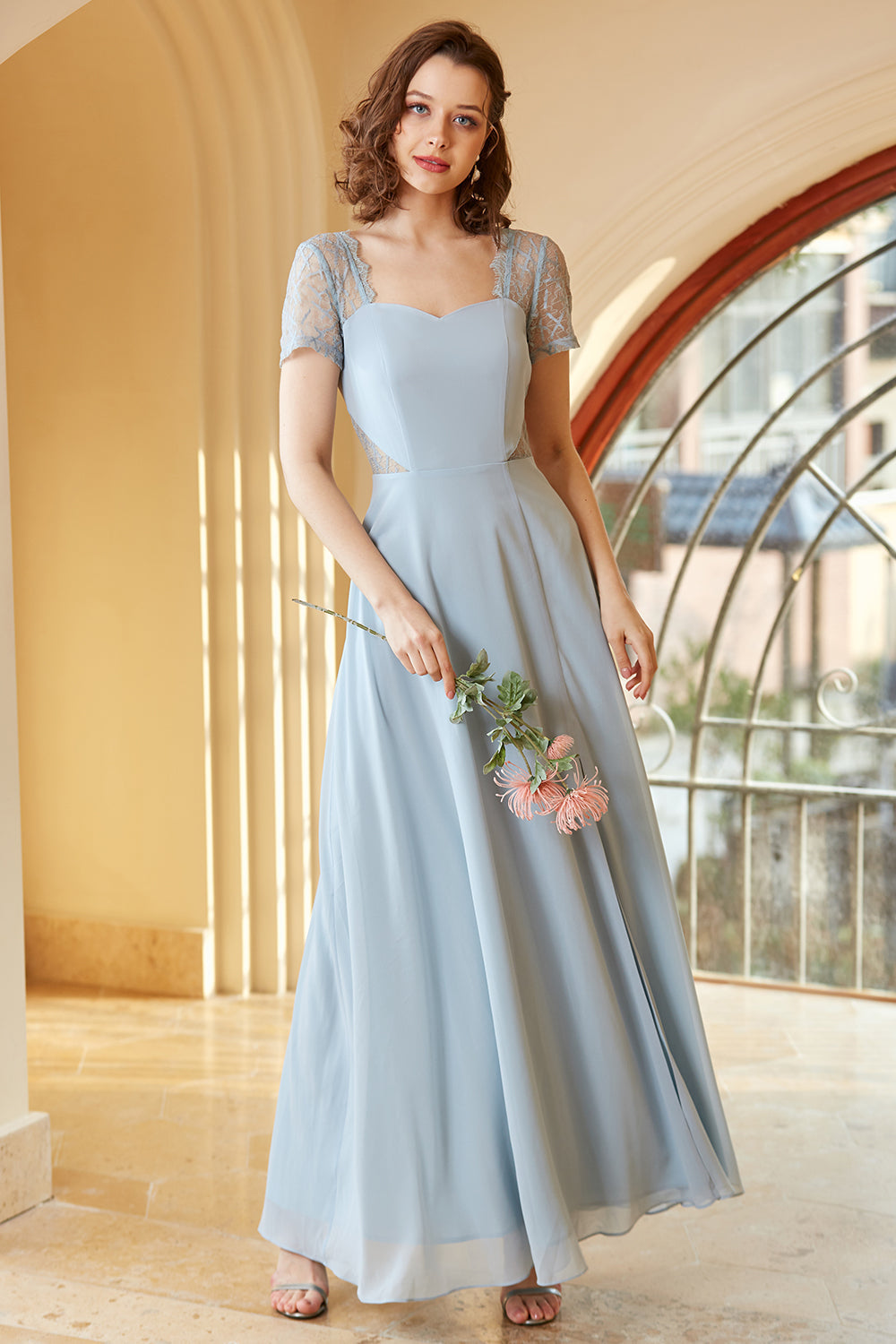 Long Chiffon Blue Bridesmaid Dress with Sleeves