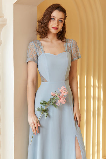 Long Chiffon Blue Bridesmaid Dress with Sleeves