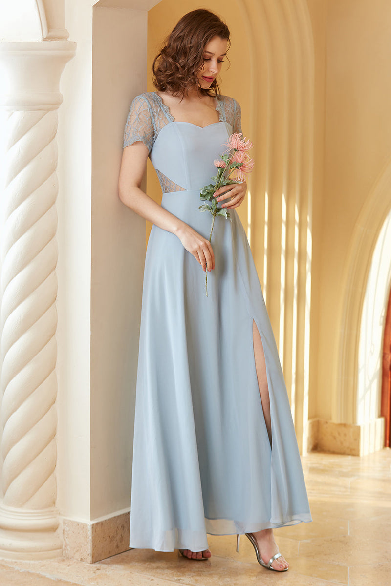 Load image into Gallery viewer, Long Chiffon Blue Bridesmaid Dress with Sleeves