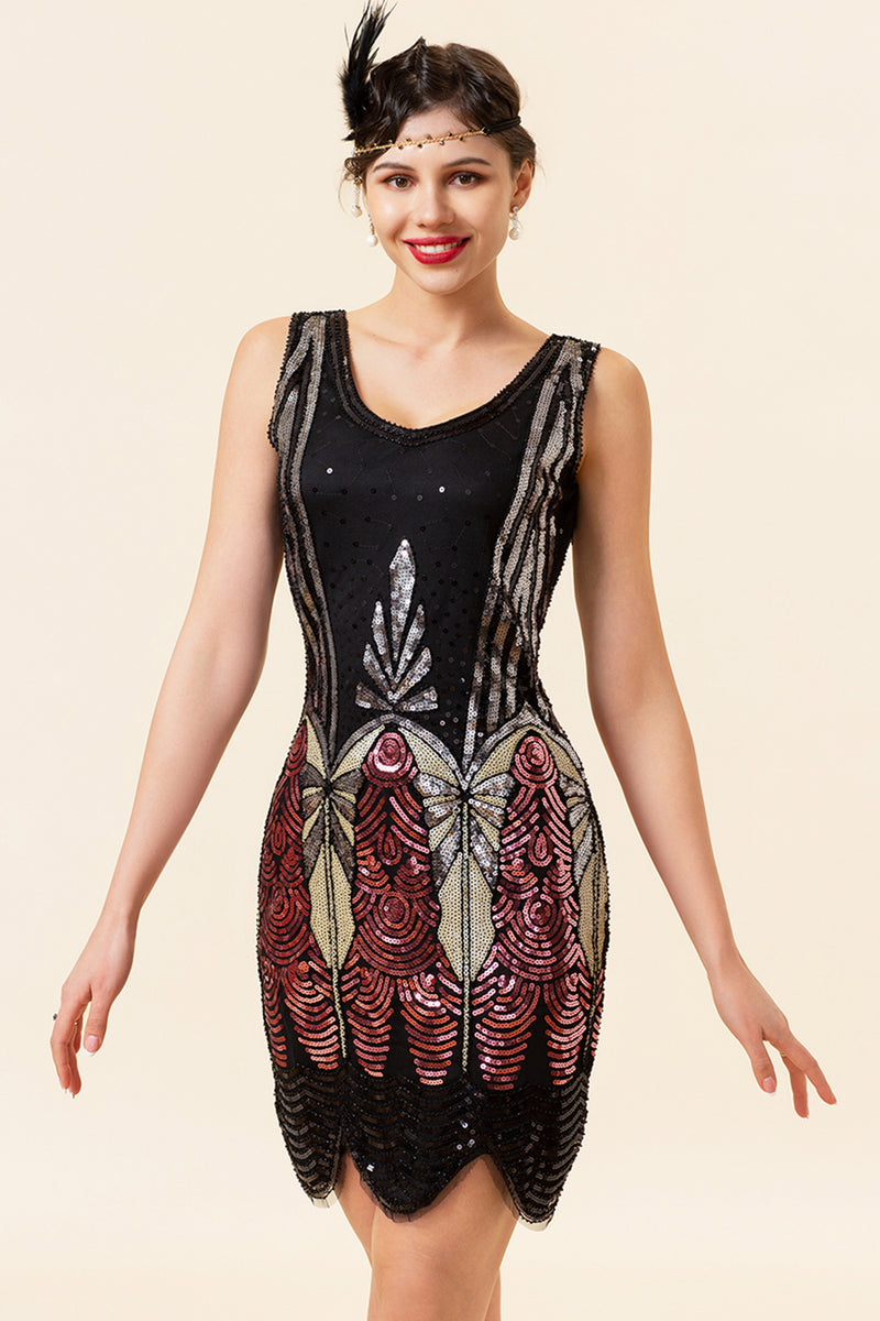 Load image into Gallery viewer, Black &amp; Red Short Sequins 1920s Dress