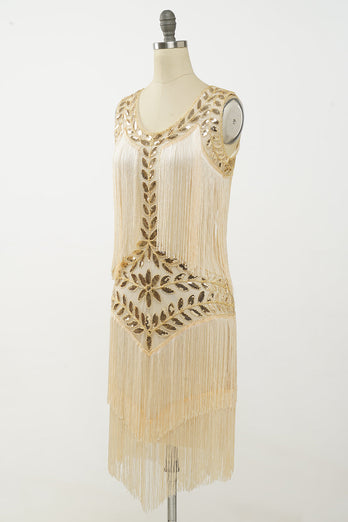 Champagne Gatsby 1920s Dress with Sequins and Fringes