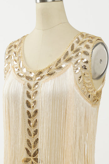 Champagne Gatsby 1920s Dress with Sequins and Fringes