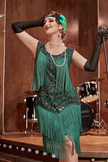 Champagne Gatsby 1920s Dress with Sequins and Fringes