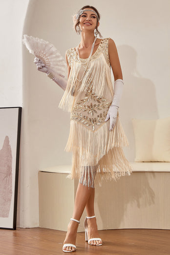 Plus Size Champagne Gatsby 1920s Flapper Dress with Sequins and Fringes