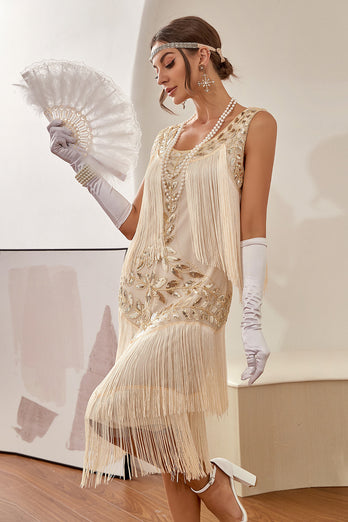 Plus Size Champagne Gatsby 1920s Flapper Dress with Sequins and Fringes