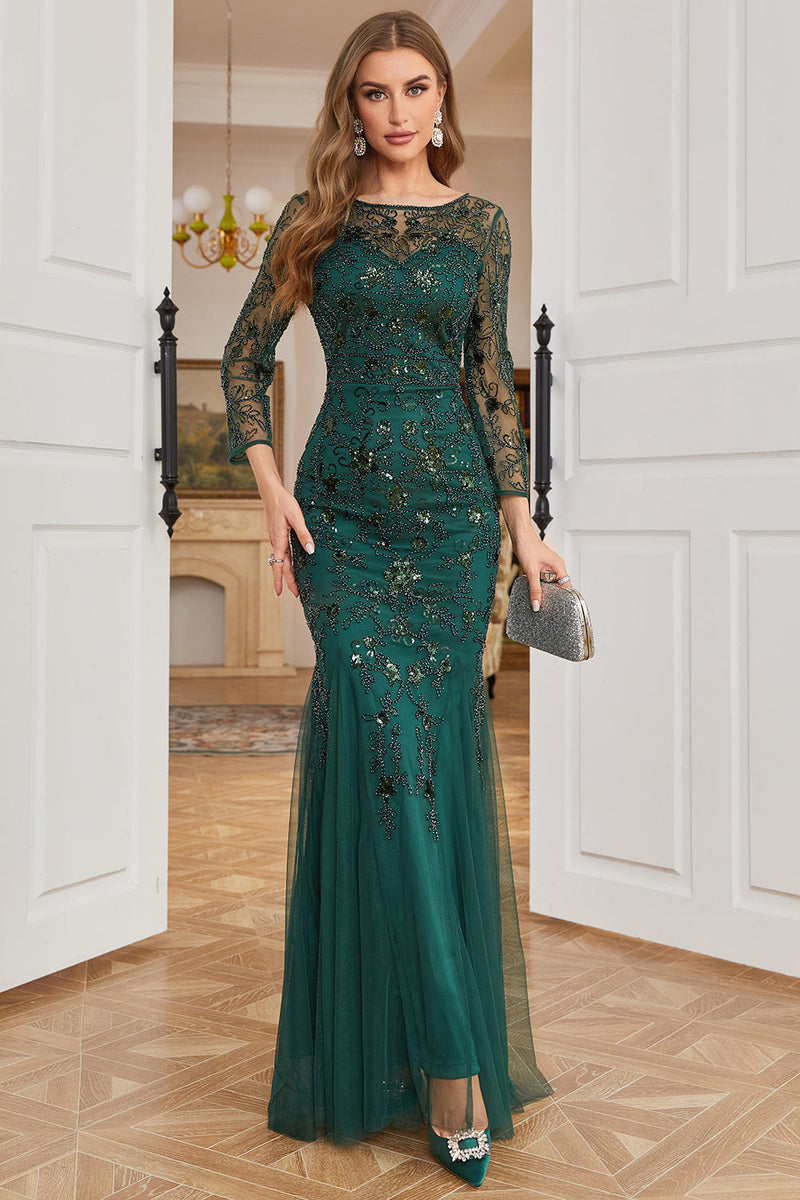Load image into Gallery viewer, Dark Green Long Sleeves Beading Formal Dress