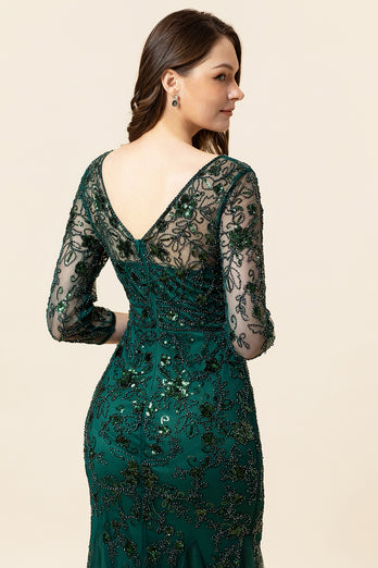 Dark Green Long Sleeves Beading Formal Dress with 3/4 Sleeves