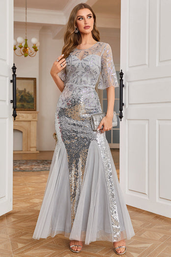 Sparkly Round Neck Grey Sequins Long Formal Dress with Sleeves