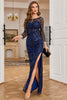 Load image into Gallery viewer, Boat Neck Navy Beaded Long Formal Dress with Long Sleeves