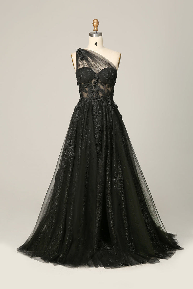 Load image into Gallery viewer, A Line One Shoulder Black Long Formal Dress with Appliques