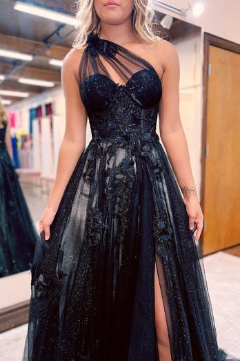 A Line One Shoulder Black Long Formal Dress with Appliques