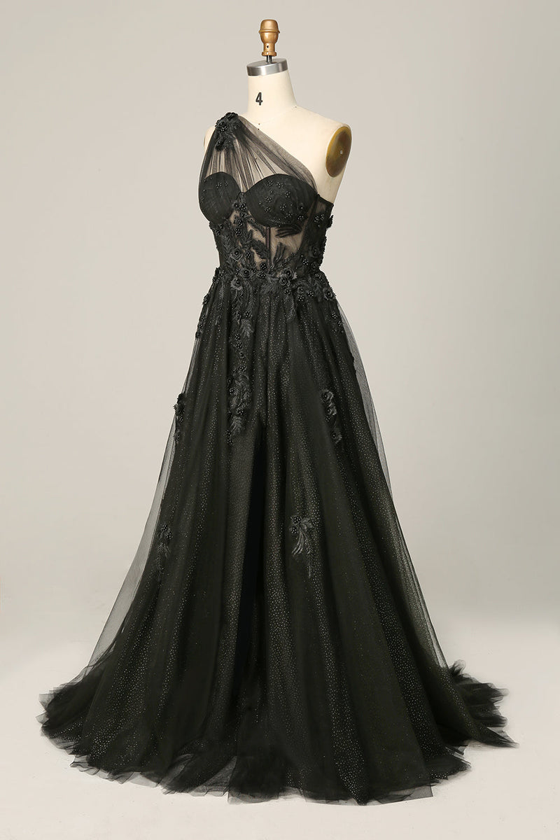 Load image into Gallery viewer, A Line One Shoulder Black Long Formal Dress with Appliques