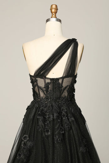 A Line One Shoulder Black Long Formal Dress with Appliques