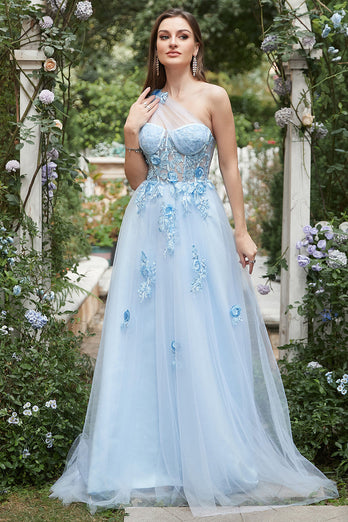 A Line One Shoulder Sky Blue Long Formal Dress with Appliques