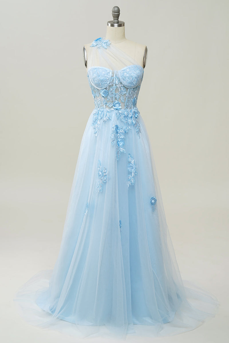 Load image into Gallery viewer, A Line One Shoulder Sky Blue Long Formal Dress with Appliques