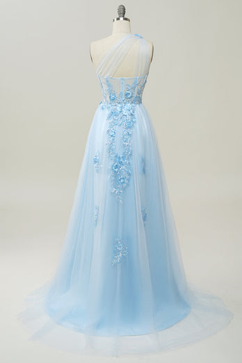 A Line One Shoulder Sky Blue Long Formal Dress with Appliques