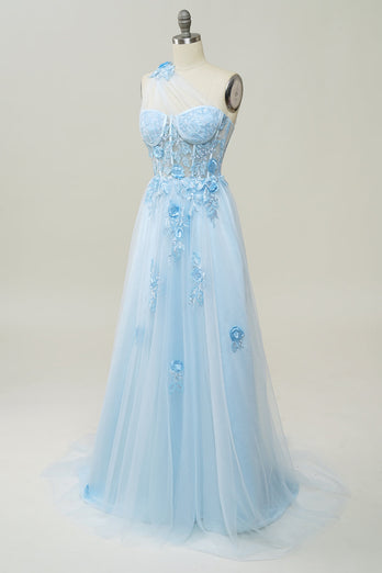 A Line One Shoulder Sky Blue Long Formal Dress with Appliques