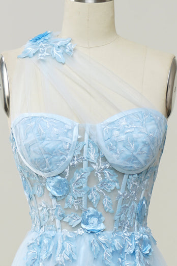 A Line One Shoulder Sky Blue Long Formal Dress with Appliques