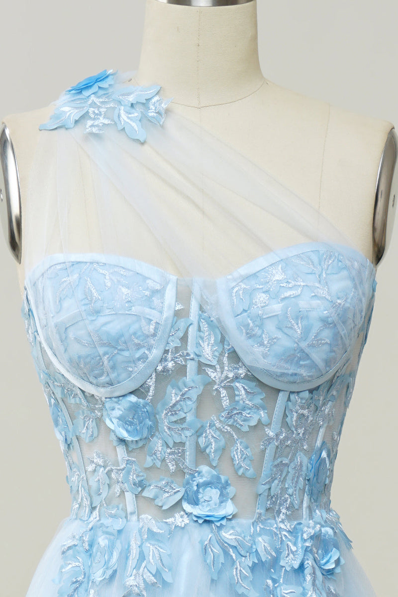 Load image into Gallery viewer, A Line One Shoulder Sky Blue Long Formal Dress with Appliques