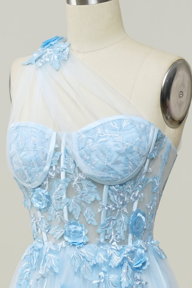 Load image into Gallery viewer, A Line One Shoulder Sky Blue Long Formal Dress with Appliques