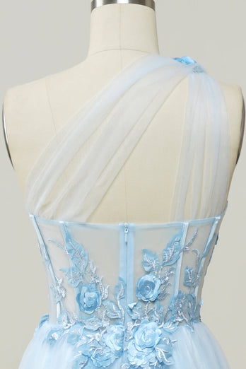 A Line One Shoulder Sky Blue Long Formal Dress with Appliques