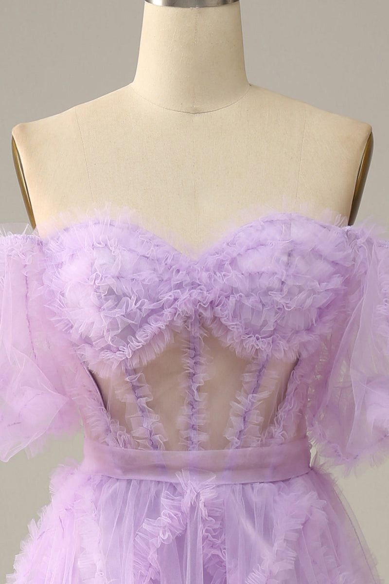 Load image into Gallery viewer, A Line Off the Shoulder Pink Tulle Corset Formal Dress with Bowknot