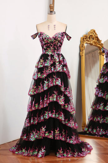 Sparkly Black Pink Tiered A-Line Long Formal Dress with Lace