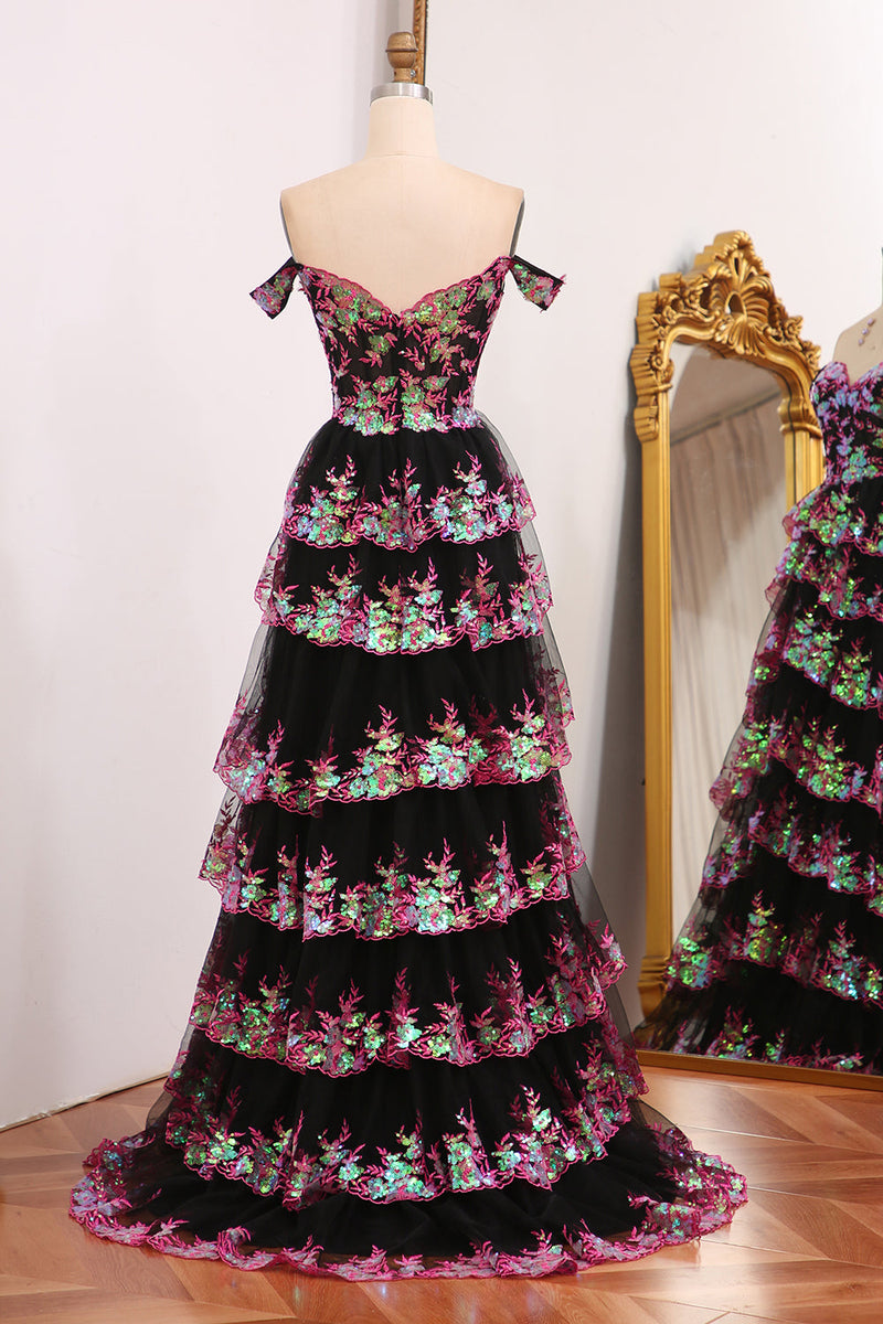 Load image into Gallery viewer, Sparkly Black Pink Tiered A-Line Long Formal Dress with Lace