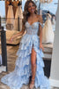 Load image into Gallery viewer, Blue Corset Tiered Lace Formal Dress with Slit