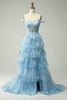 Load image into Gallery viewer, Blue Corset Tiered Lace Formal Dress with Slit