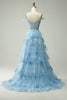 Load image into Gallery viewer, Blue Corset Tiered Lace Formal Dress with Slit