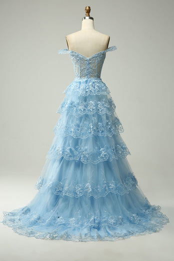 Blue Corset Tiered Lace Formal Dress with Slit