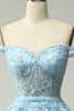 Load image into Gallery viewer, Blue Corset Tiered Lace Formal Dress with Slit