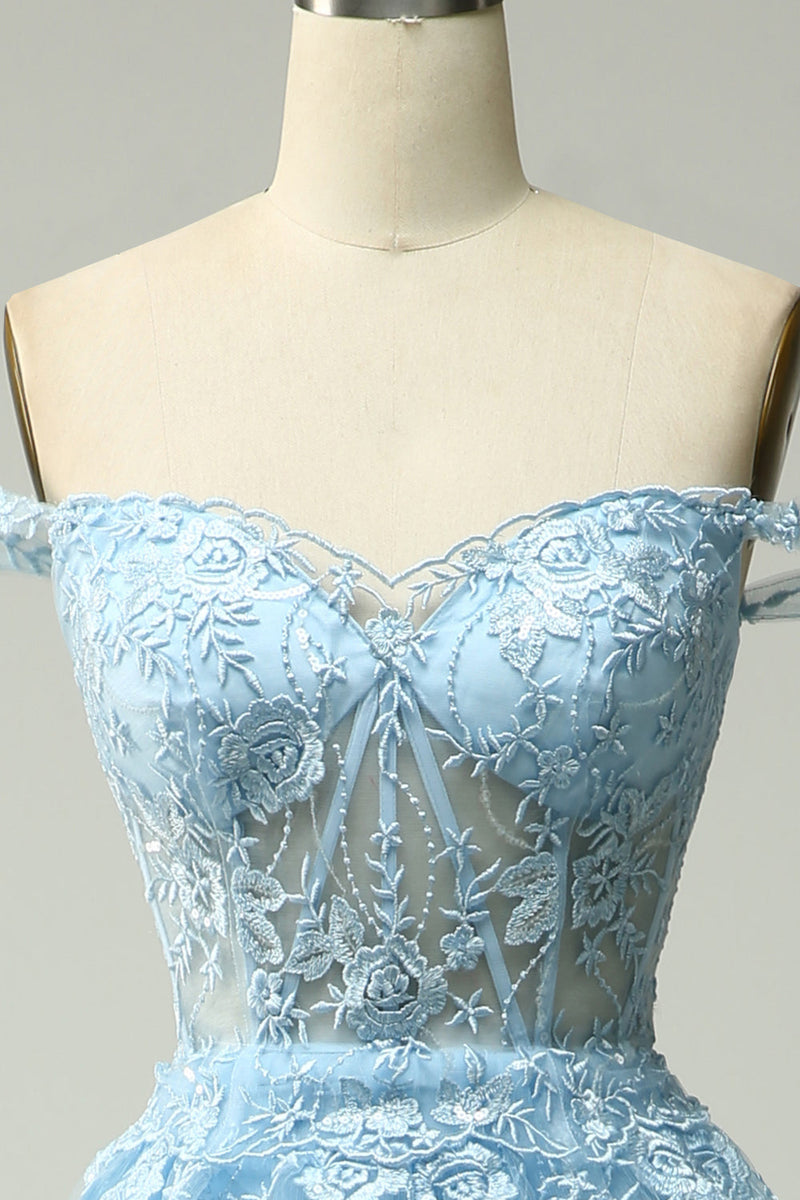 Load image into Gallery viewer, Blue Corset Tiered Lace Formal Dress with Slit