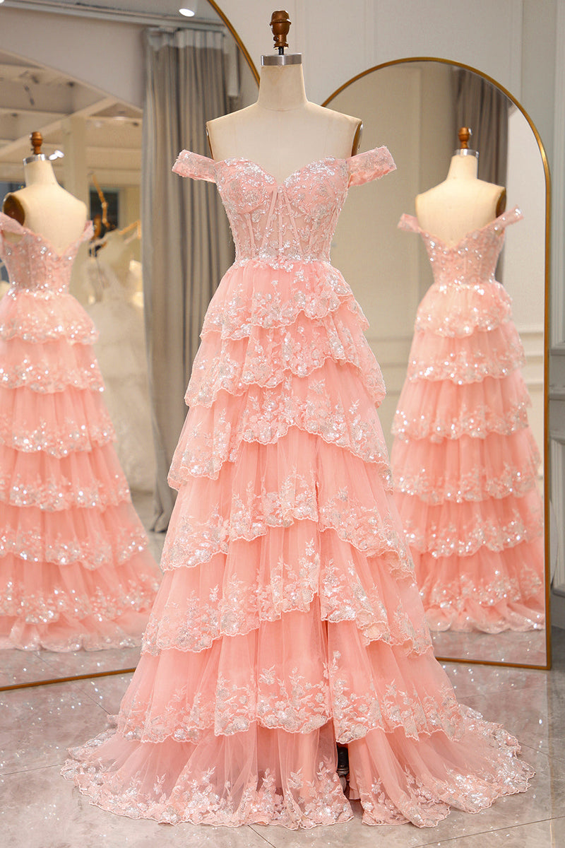 Load image into Gallery viewer, Glitter Blush Tiered A-Line Long Formal Dress with Lace