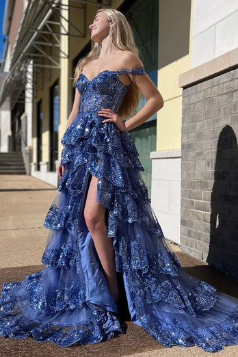 Blue Corset Tiered Lace Formal Dress with Slit