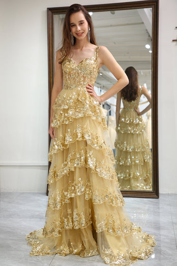 Sparkly Golden Tiered A-Line Long Formal Dress with Lace