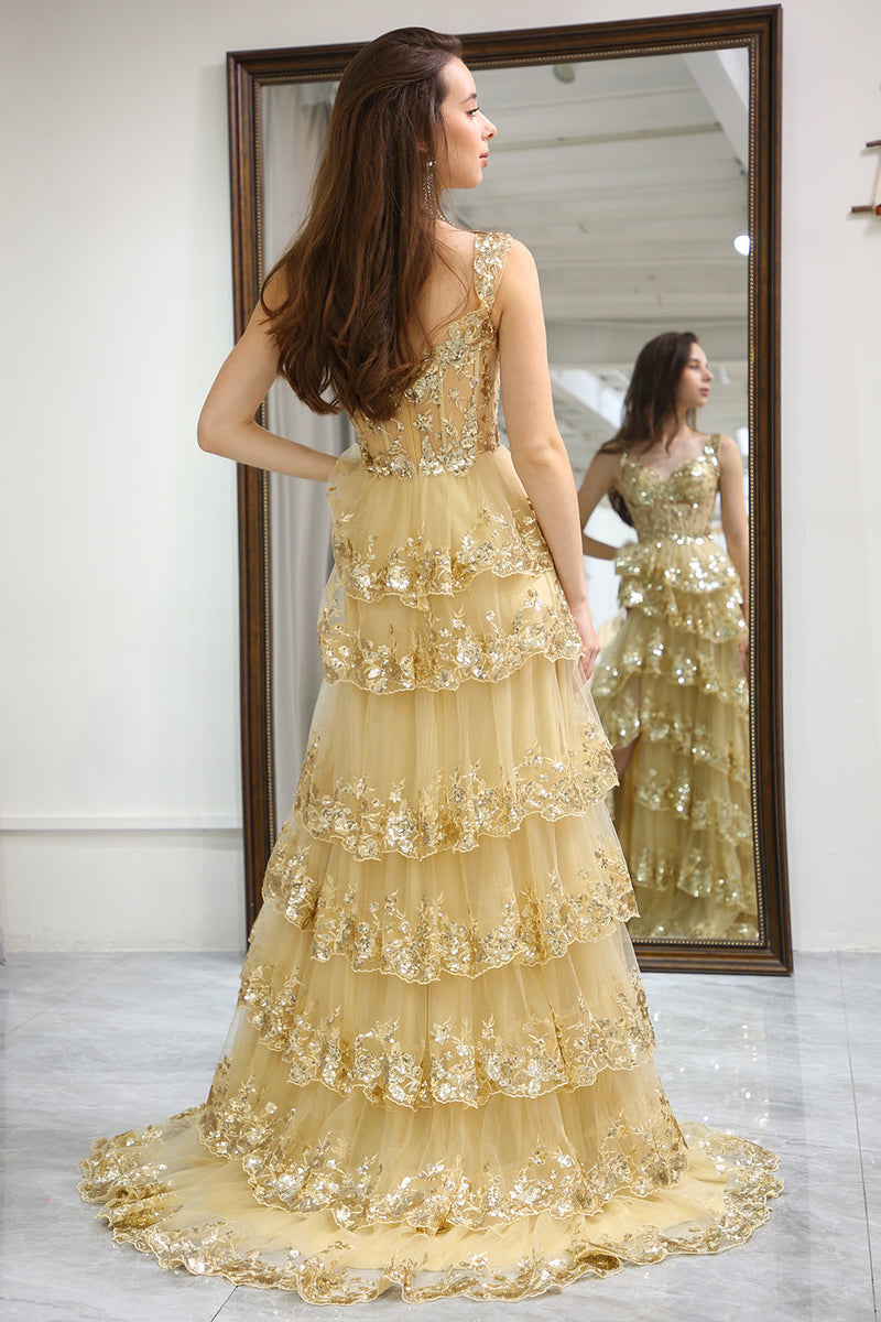 Load image into Gallery viewer, Sparkly Golden Tiered A-Line Long Formal Dress with Lace