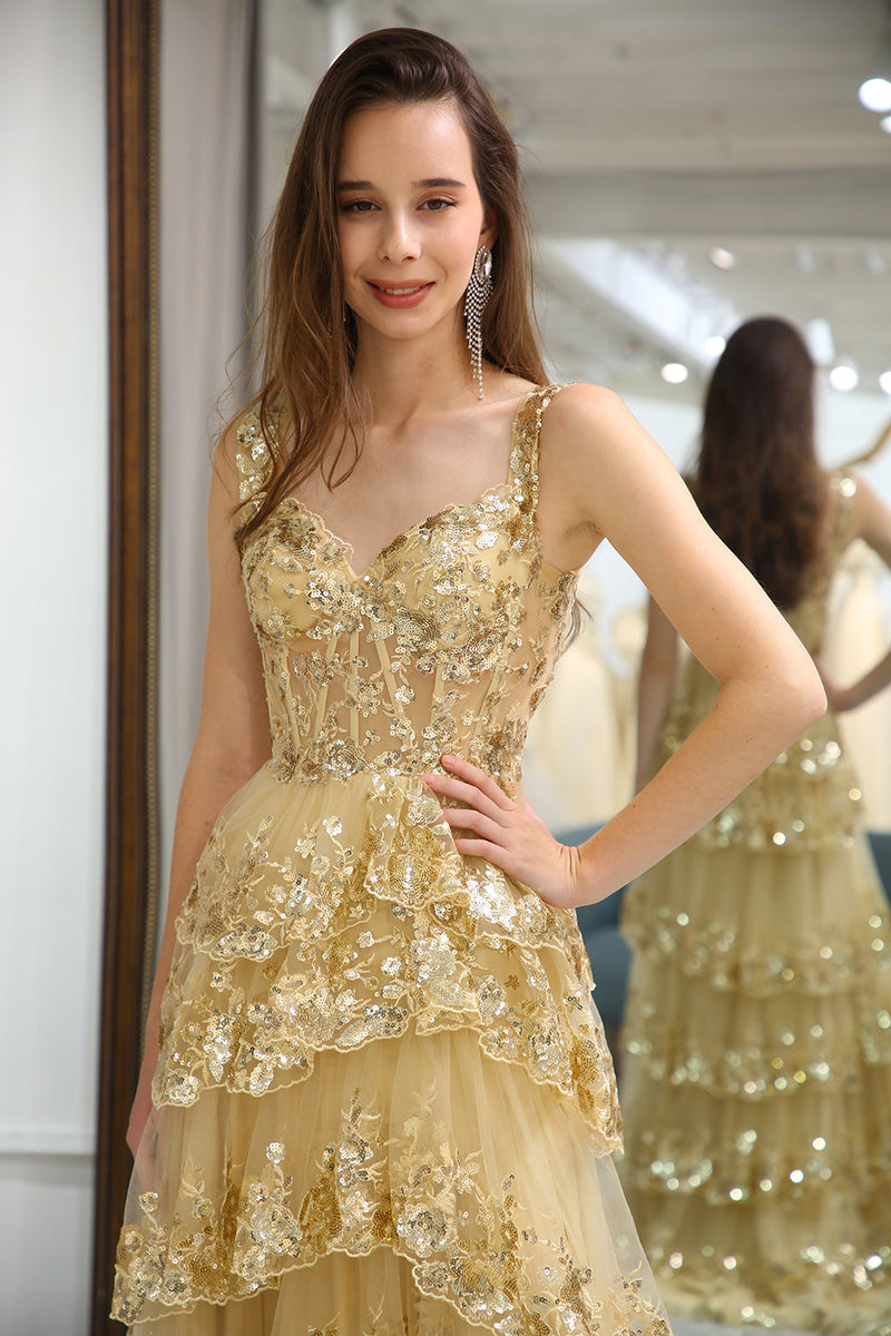 Load image into Gallery viewer, Sparkly Golden Tiered A-Line Long Formal Dress with Lace