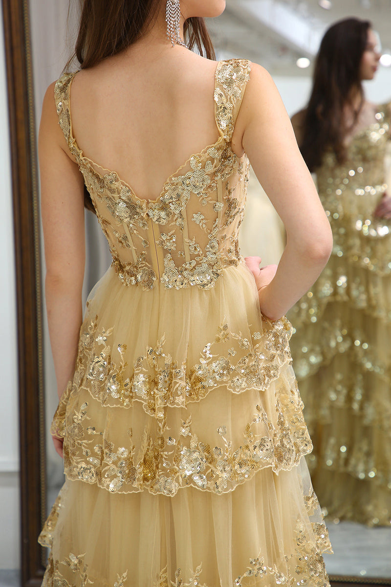 Load image into Gallery viewer, Sparkly Golden Tiered A-Line Long Formal Dress with Lace